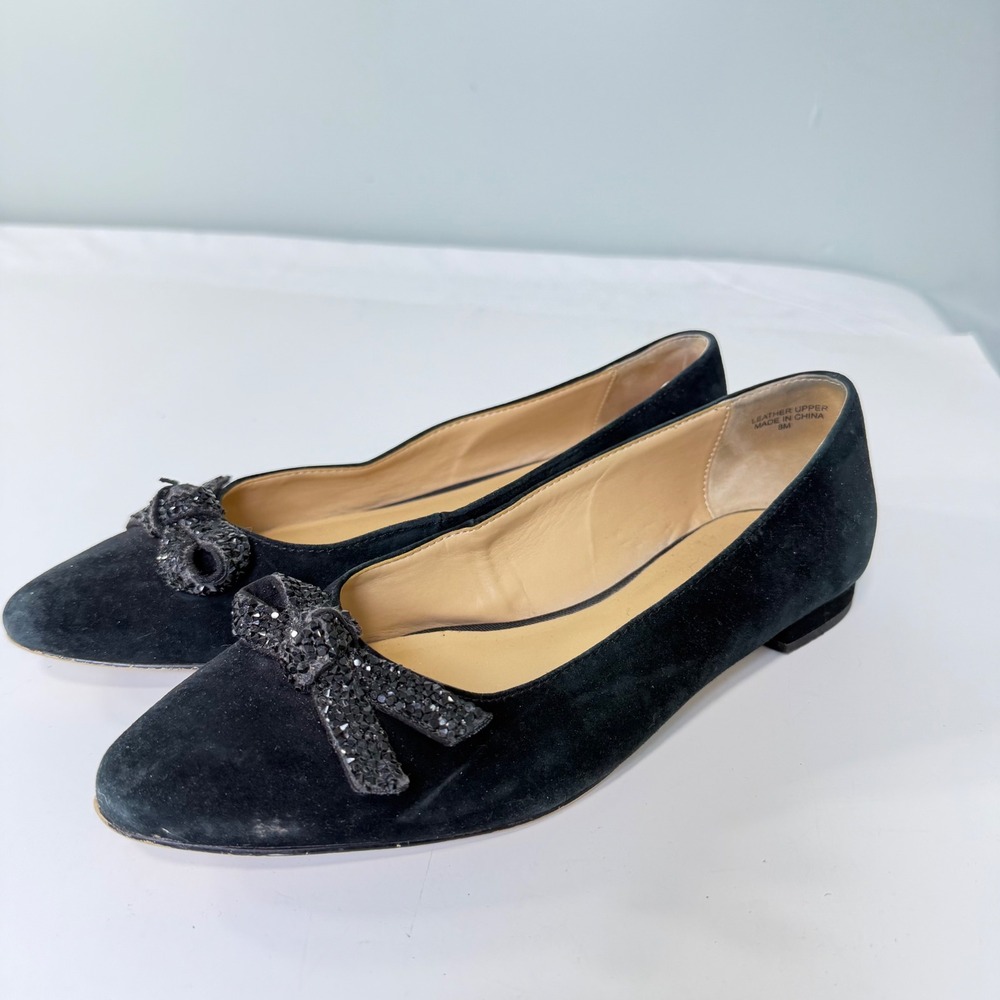 Talbots Womens Edison Knot Black Suede Crystal Pointed Toe Flats Size 8M Shoes